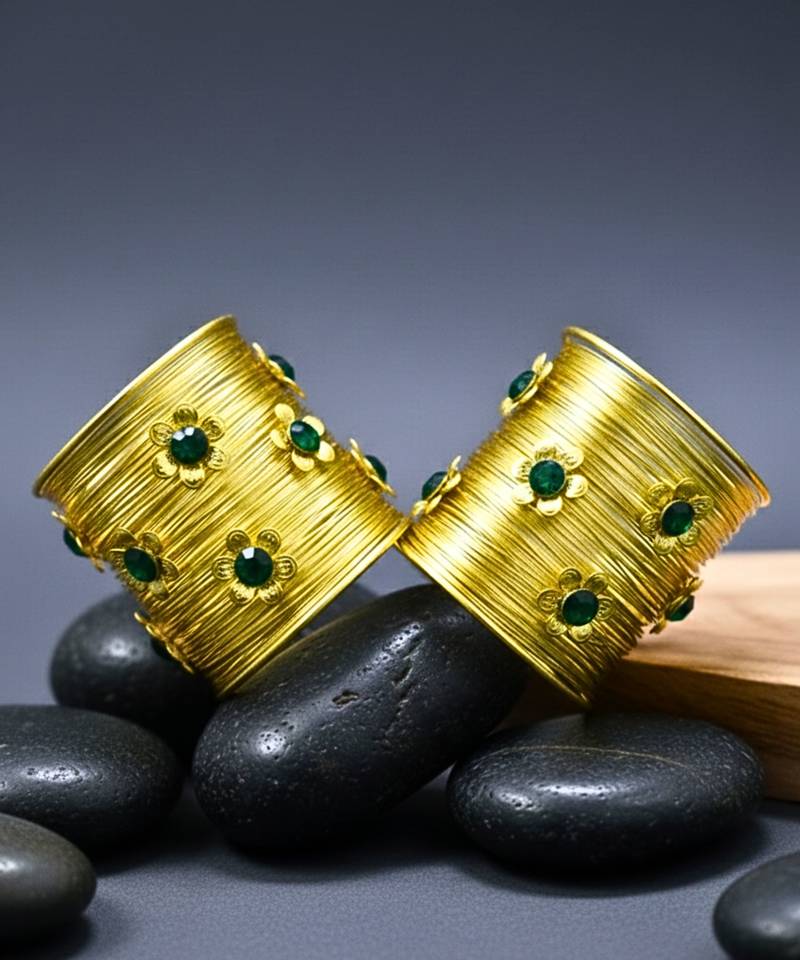 combo of two floral green crystal cz ad stone western cuff bangle bracelets