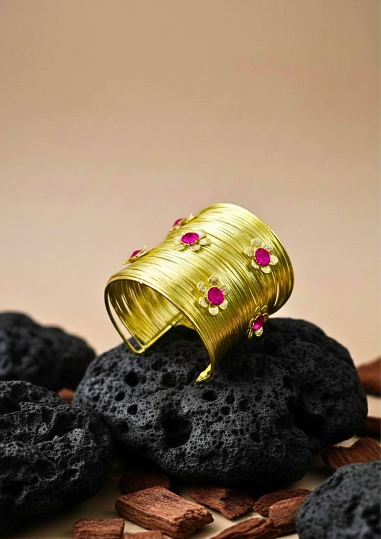 combo of two floral hot pink crystal cz ad stone western cuff bangle bracelets