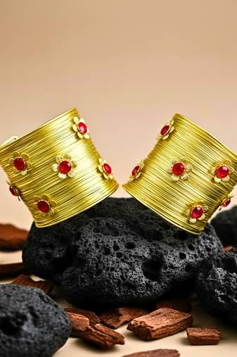 combo of two floral red crystal cz ad stone western cuff bangle bracelets