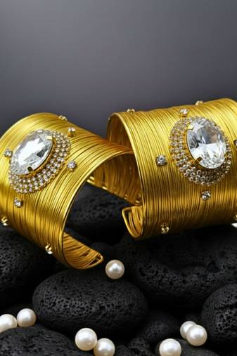 combo of two white crystal cz ad stone floral cuff bangle bracelets