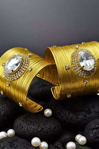 combo of two white crystal cz ad stone floral cuff bangle bracelets