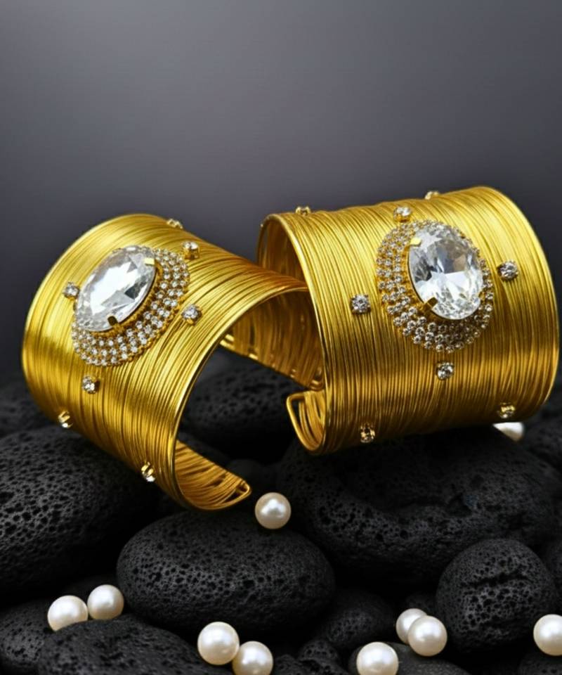 combo of two white crystal cz ad stone floral cuff bangle bracelets