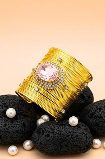 pink crystal cz  ad stone fancy floral cuff bangle bracelet