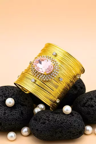 pink crystal cz  ad stone fancy floral cuff bangle bracelet