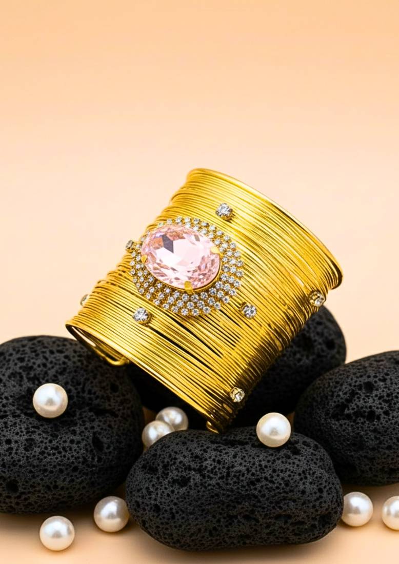 pink crystal cz  ad stone fancy floral cuff bangle bracelet