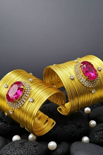 combo of two hot pink crystal cz ad stone western cuff bangle bracelets