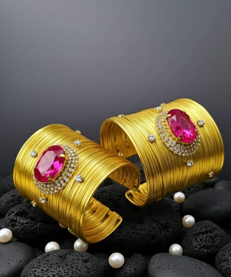 combo of two hot pink crystal cz ad stone western cuff bangle bracelets