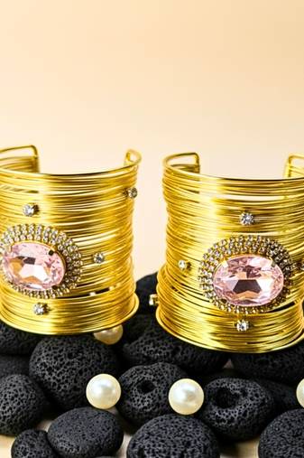 combo of two pink crystal cz ad stone floral cuff bangle bracelets