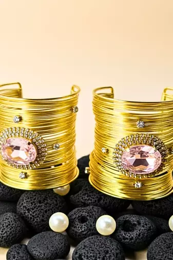 combo of two pink crystal cz ad stone floral cuff bangle bracelets