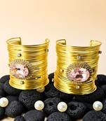 combo of two pink crystal cz ad stone floral cuff bangle bracelets