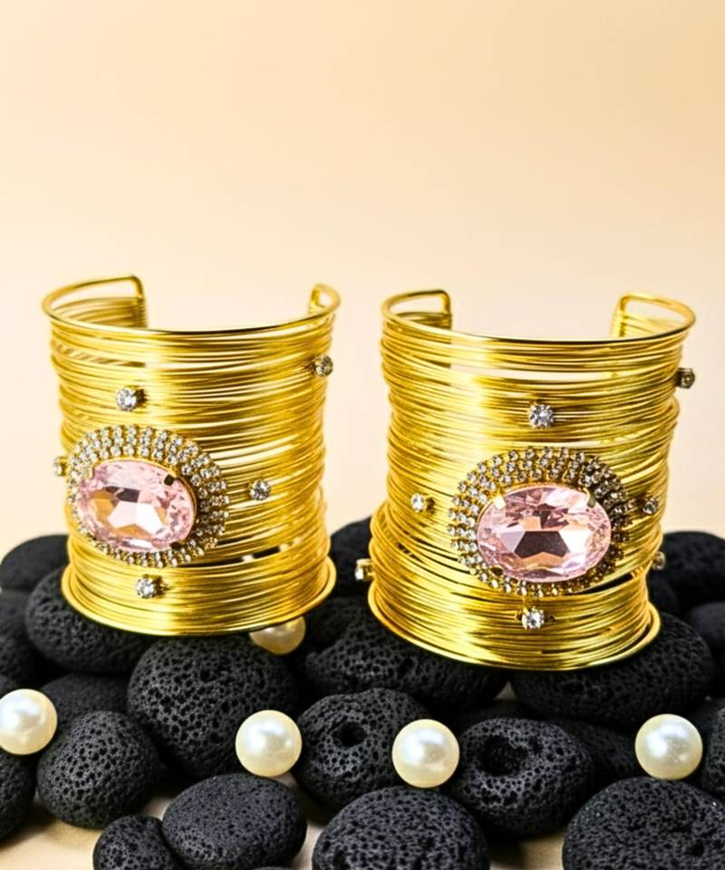 combo of two pink crystal cz ad stone floral cuff bangle bracelets