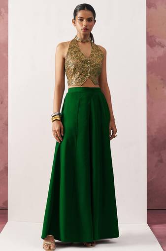 green jacquard crop top style readymade lehenga set