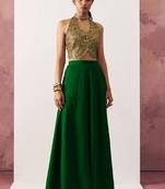 green jacquard crop top style readymade lehenga set
