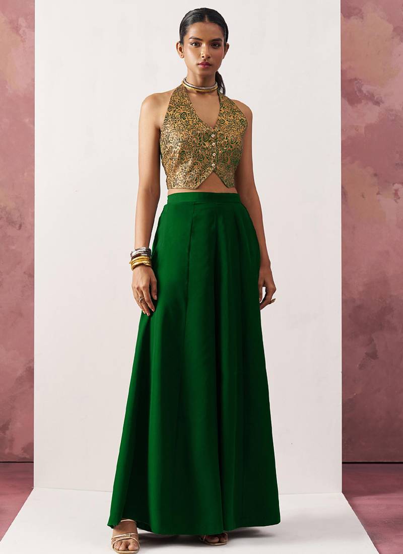 green jacquard crop top style readymade lehenga set