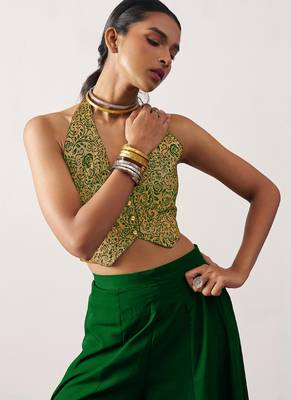 green jacquard crop top style readymade lehenga set 2