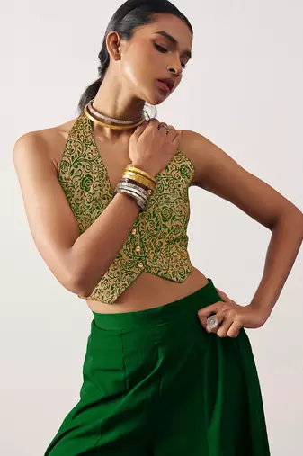 green jacquard crop top style readymade lehenga set