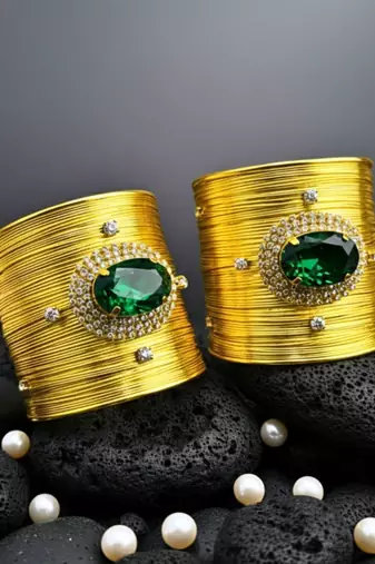 combo of two green crystal cz ad stone western cuff bangle bracelets