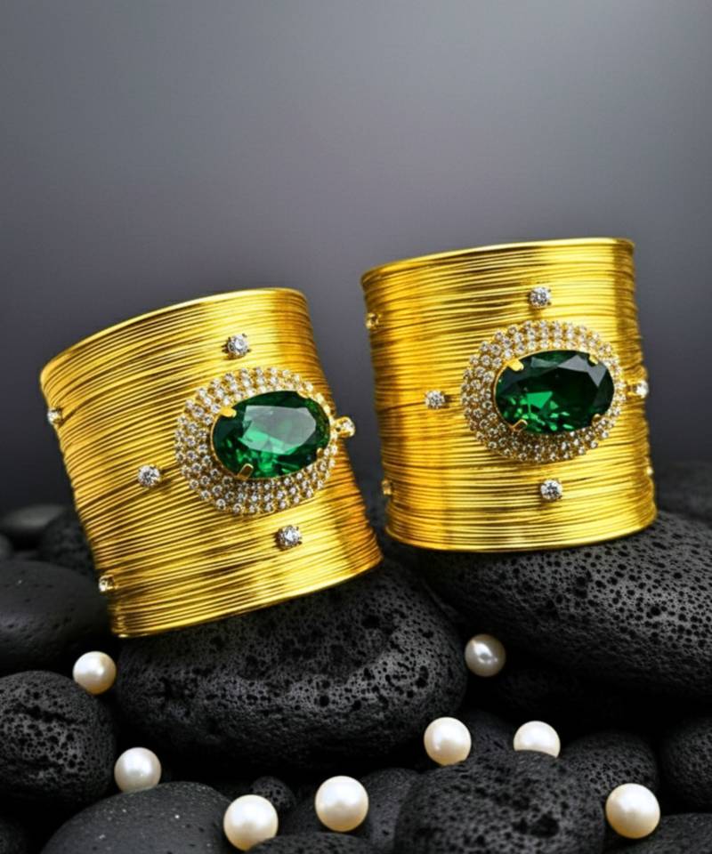 combo of two green crystal cz ad stone western cuff bangle bracelets