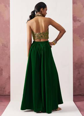 green jacquard crop top style readymade lehenga set 3