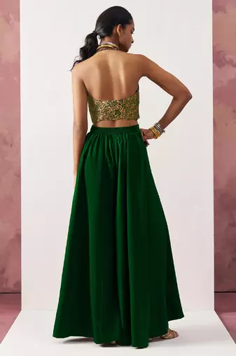 green jacquard crop top style readymade lehenga set