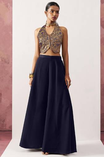 blue Jacquard crop top style readymade lehenga set