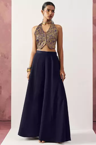 blue Jacquard crop top style readymade lehenga set