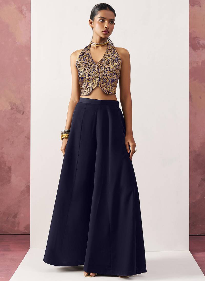 blue Jacquard crop top style readymade lehenga set