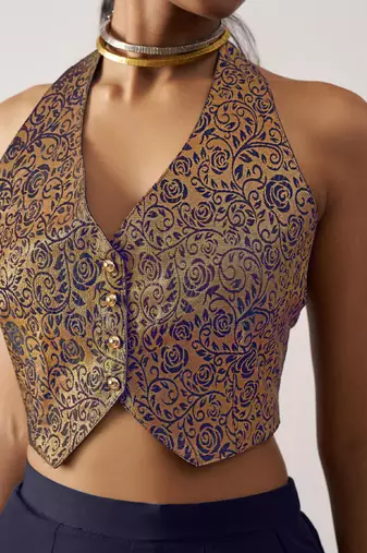 blue Jacquard crop top style readymade lehenga set