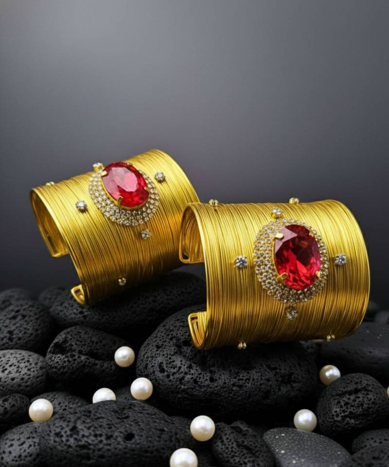 combo of two red crystal cz ad stone western cuff bangle bracelets