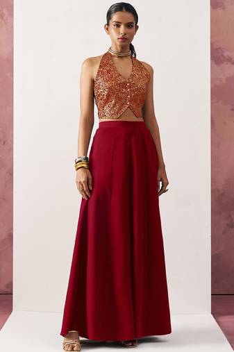 maroon jacquard crop top style readymade lehenga set