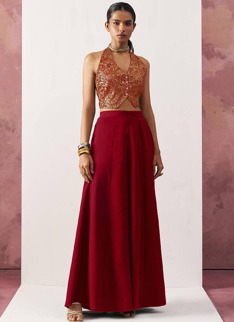 maroon jacquard crop top style readymade lehenga set