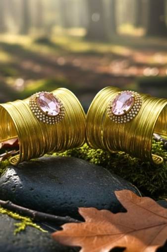 combo of two pink crystal cz ad stone floral cuff bangle bracelets