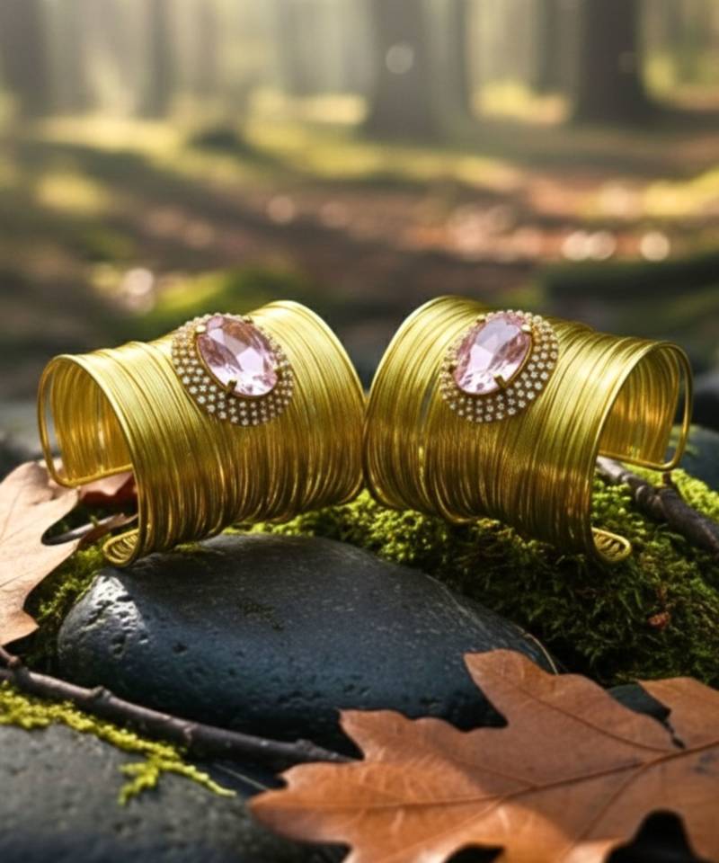 combo of two pink crystal cz ad stone floral cuff bangle bracelets