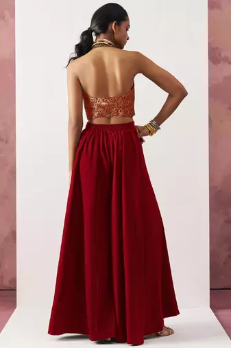 maroon jacquard crop top style readymade lehenga set