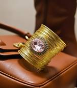 pink crystal cz  ad stone fancy floral cuff bangle bracelet