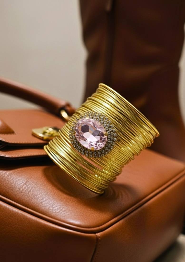 pink crystal cz  ad stone fancy floral cuff bangle bracelet