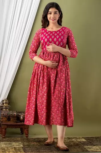 Women floral printed round neck pure cotton maternity dress