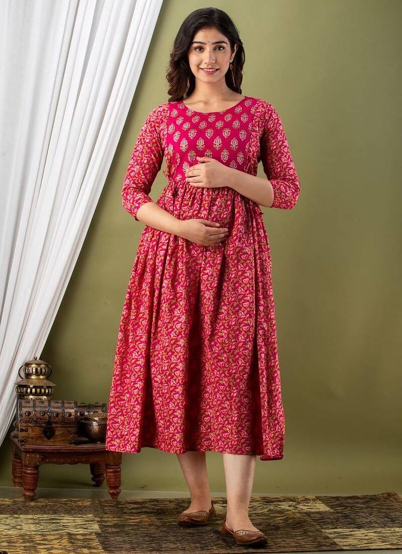 Women floral printed round neck pure cotton maternity dress