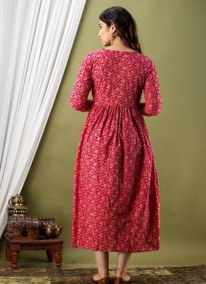 Women floral printed round neck  cotton maternity dress 2