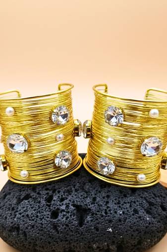 combo of two white crystal cz pearls stone floral cuff bangle bracelets