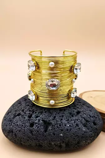 white crystal cz pearls stone fancy floral cuff bangle bracelet