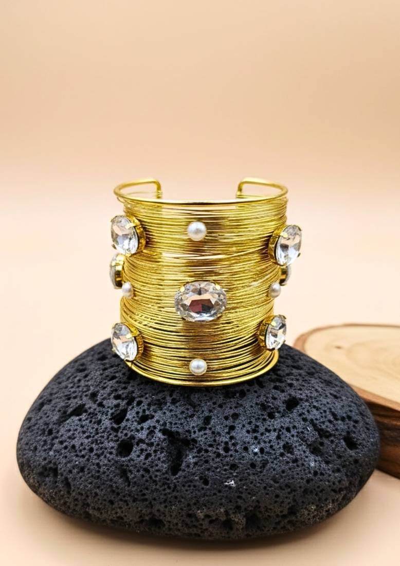 white crystal cz pearls stone fancy floral cuff bangle bracelet