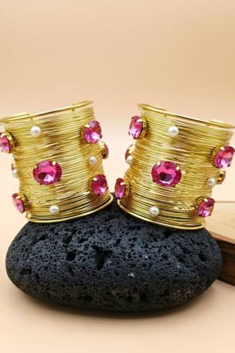 combo of two pink crystal cz pearls stone floral cuff bangle bracelets