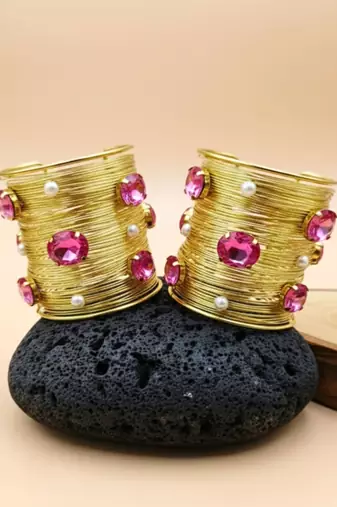 combo of two pink crystal cz pearls stone floral cuff bangle bracelets