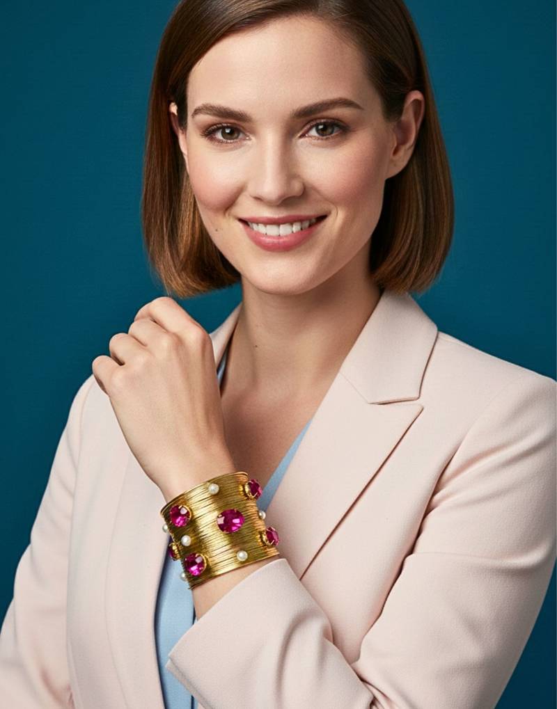 combo of two pink crystal cz pearls stone floral cuff bangle bracelets