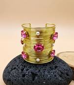 pink crystal cz pearls stone fancy floral cuff bangle bracelet