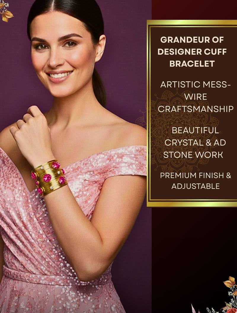 combo of two pink crystal cz pearls stone floral cuff bangle bracelets