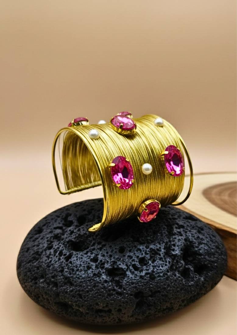 combo of two pink crystal cz pearls stone floral cuff bangle bracelets