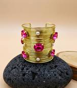 hot pink crystal cz pearls stone fancy western cuff bangle bracelet