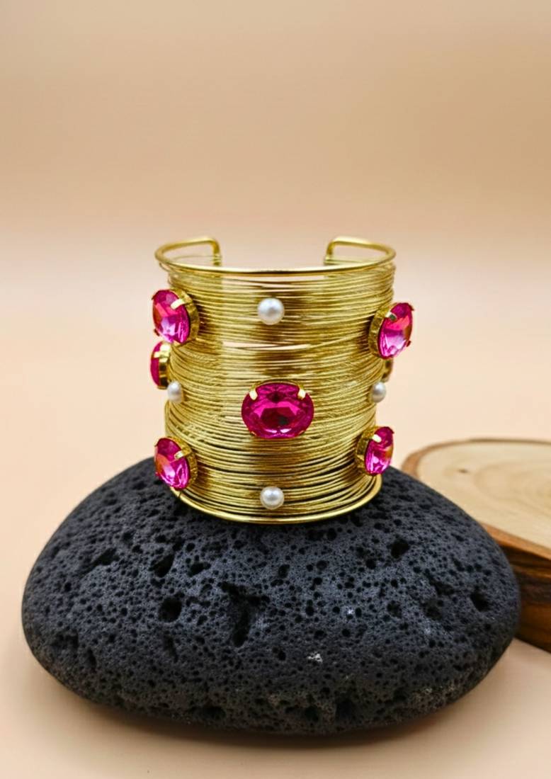 hot pink crystal cz pearls stone fancy western cuff bangle bracelet